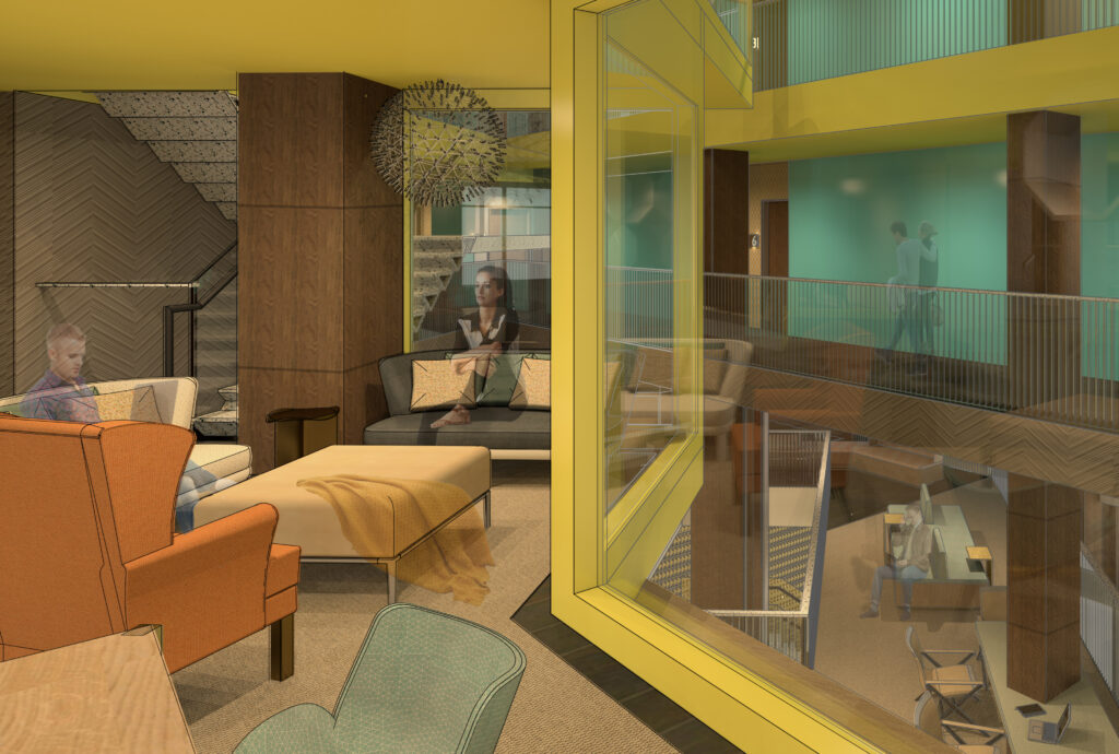 digital rendering of a lounge seating area